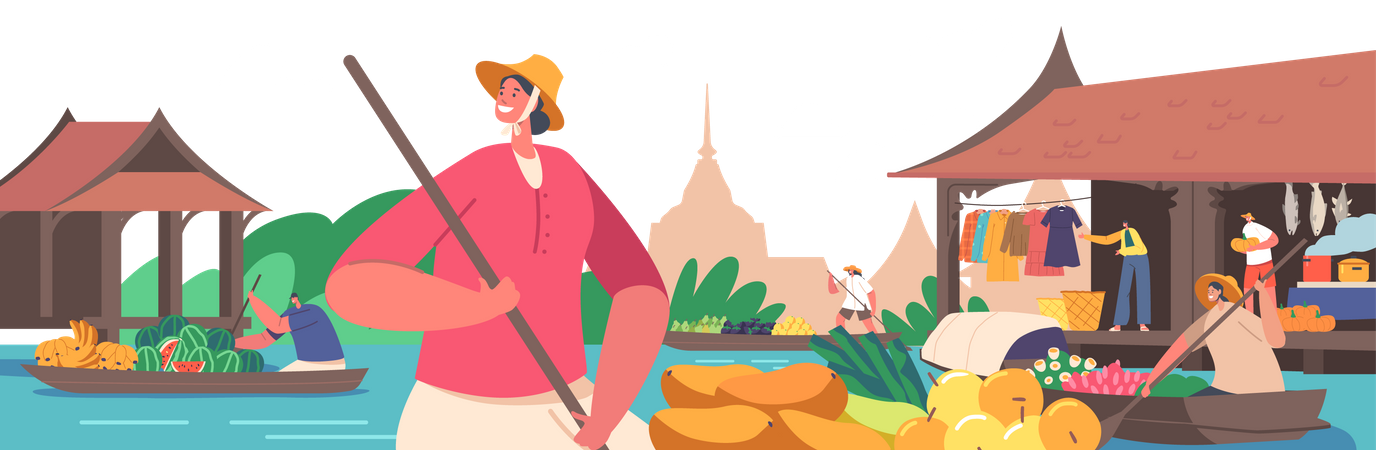 Floating Market in Thailand  일러스트레이션