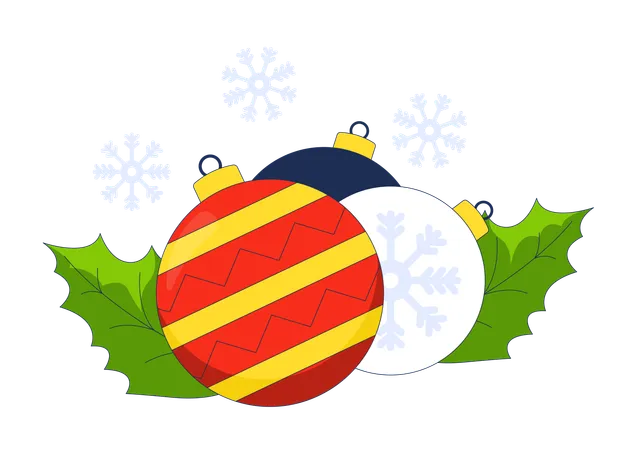 Bolas de Natal floco de neve folhas de azevinho  Ilustração