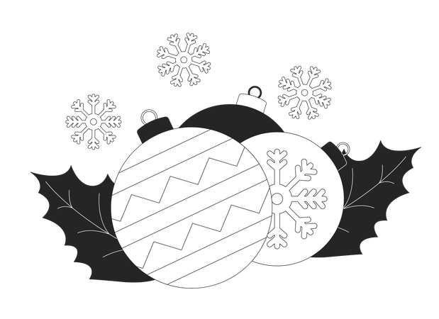 Boules de Noël en flocons de neige et feuilles de houx  Illustration