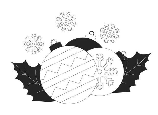 Boules de Noël en flocons de neige et feuilles de houx  Illustration