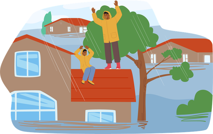 Flood Scene Where Two People Stranded On Rooftop Seeking Help As Floodwaters Rise Around Their Home  Illustration