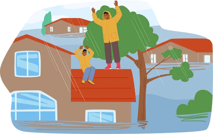 Flood Scene Where Two People Stranded On Rooftop Seeking Help As Floodwaters Rise Around Their Home  Illustration