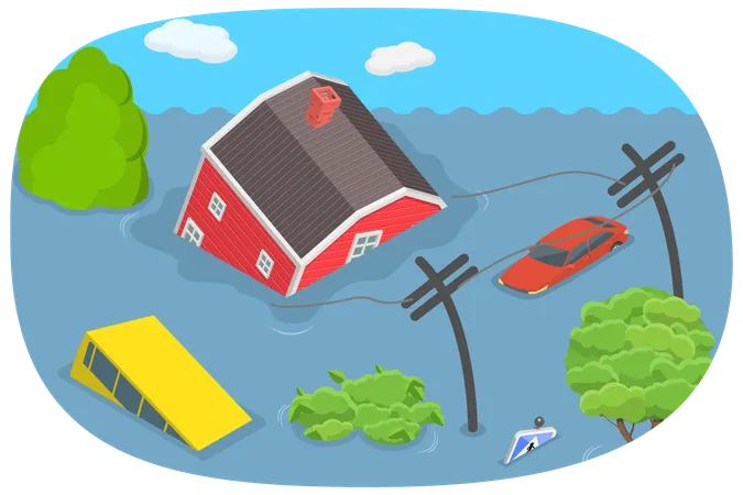 3 D Isometric Flat Vector Illustration Of Flooded City Natural Disaster Weather Hazard Illustration