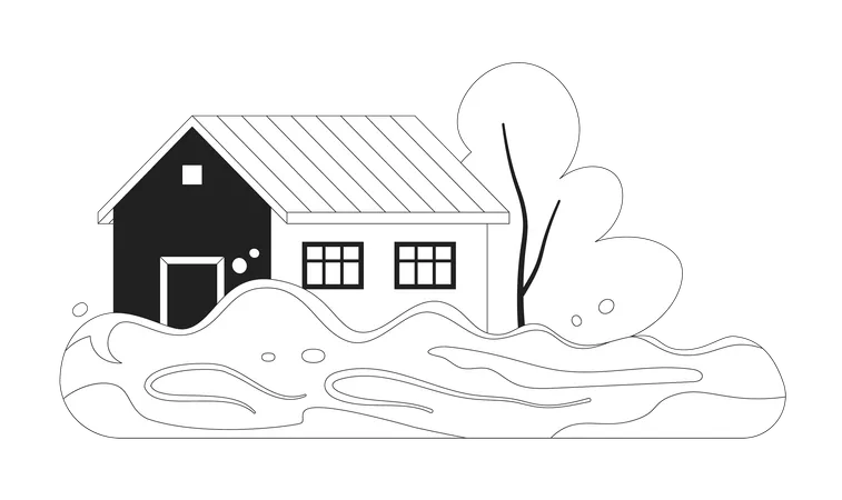 Flooded House Monochrome Flat Vector Object Natural Disaster Flood Editable Black And White Thin Line Icon Simple Cartoon Clip Art Spot Illustration For Web Graphic Design Illustration
