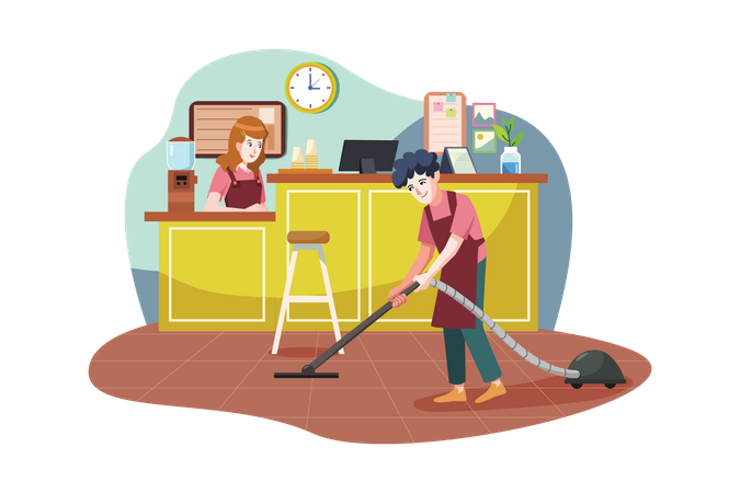 Floor cleaner working in a coffee shop  Illustration