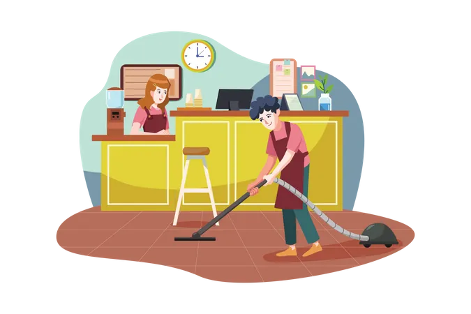 Floor cleaner working in a coffee shop  Illustration