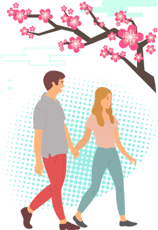 Sakura Blossom com lindo casal  Ilustração