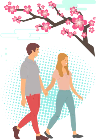 Sakura Blossom com lindo casal  Ilustração