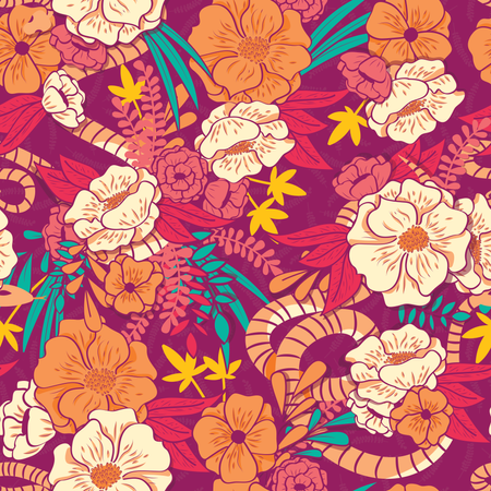 Floral jungle with snakes seamless pattern, tropical flowers and leaves, botanical hand drawn vibrant Illustration
