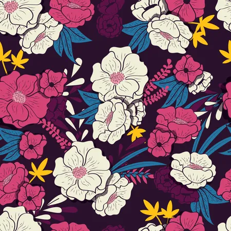 Floral jungle with snakes seamless pattern, tropical flowers and leaves, botanical hand drawn vibrant  Illustration