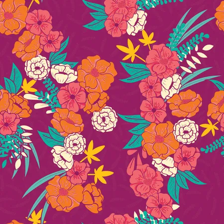 Floral jungle with snakes seamless pattern, tropical flowers and leaves, botanical hand drawn vibrant  Illustration