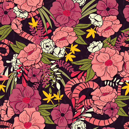 Floral jungle with snakes seamless pattern, tropical flowers and leaves, botanical hand drawn vibrant  Illustration