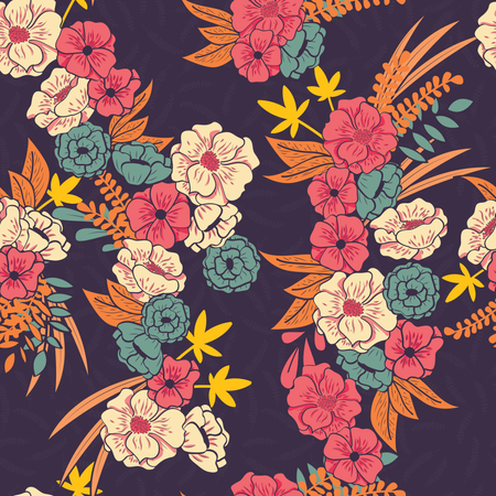 Floral jungle with snakes seamless pattern, tropical flowers and leaves, botanical hand drawn vibrant  Illustration