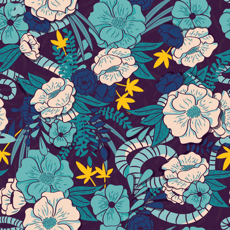 Floral jungle with snakes seamless pattern, tropical flowers and leaves, botanical hand drawn vibrant  Illustration