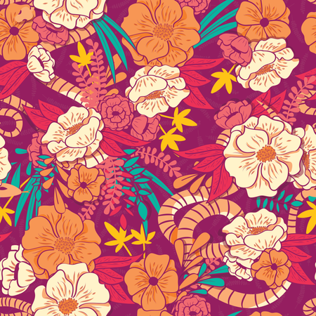 Floral jungle with snakes seamless pattern, tropical flowers and leaves, botanical hand drawn vibrant  Illustration