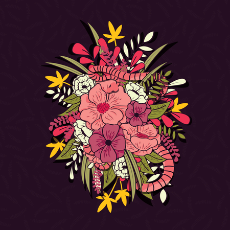 Selva floral com padrão sem emenda de cobras, flores tropicais e folhas, mão botânica desenhada vibrante  Ilustração