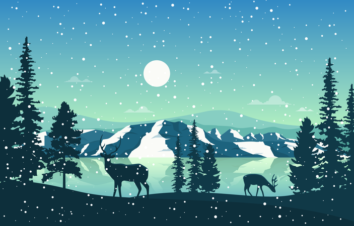 Floresta de pinheiros nevados e lago de montanha com cervos  Ilustração