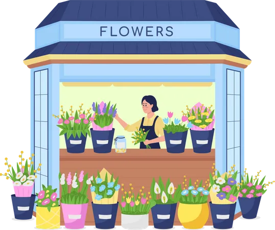 Florist In Flower Kiosk Flat Color Vector Detailed Character Woman Make Floral Arrangement Business Owner Floral Shop Exterior Isolated Cartoon Illustration For Web Graphic Design And Animation イラスト