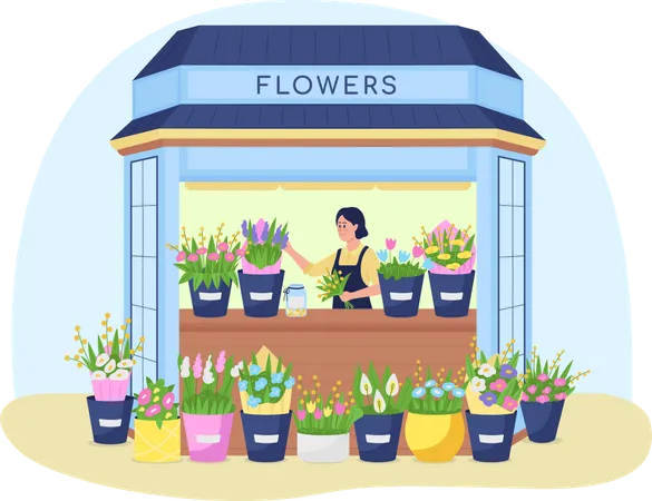 Florist Kiosk 2 D Vector Web Banner Poster Small Business Owner Flat Character On Cartoon Background Flower Shop Working On Bouquet Arrangements Printable Patch Colorful Web Element イラスト
