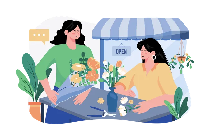 Florist making bouquet in a flower shop  Illustration