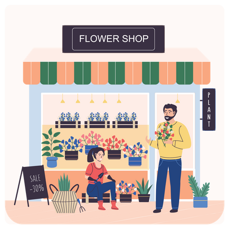 Männlicher Florist verkauft Blumen  Illustration