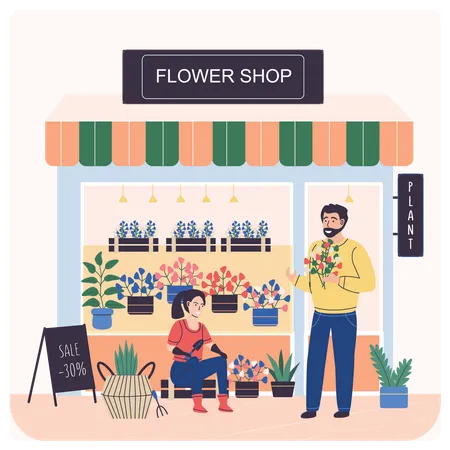 Männlicher Florist verkauft Blumen  Illustration