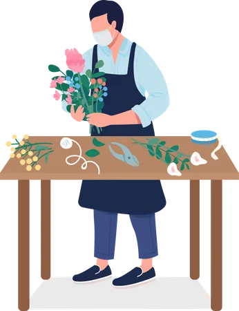 Florist With Flowers In Mask Semi Flat Color Vector Character Designer Figure Full Body Person On White Floriculture Isolated Modern Cartoon Style Illustration For Graphic Design And Animation Illustration