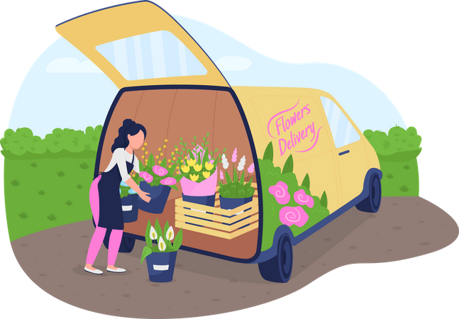 Florista com caminhão de flores  Ilustração