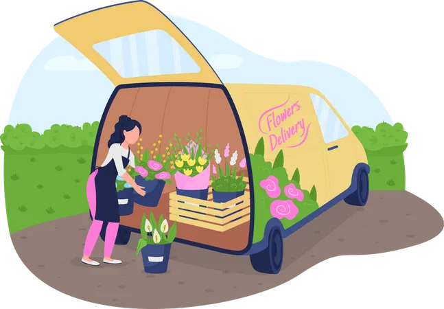 Florista com caminhão de flores  Ilustração