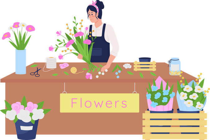Florista caucasiana feminina fazendo arranjo floral  Ilustração