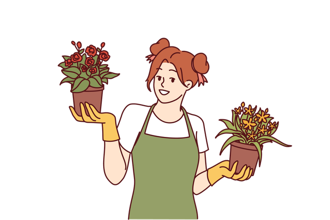 Florista mulher oferece vasos de flores  Ilustração