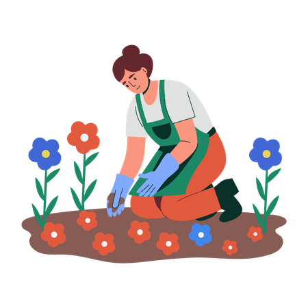 Florista planta novas plantas no jardim  Ilustração