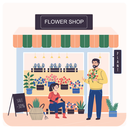 Florista masculino vendendo flores  Ilustração