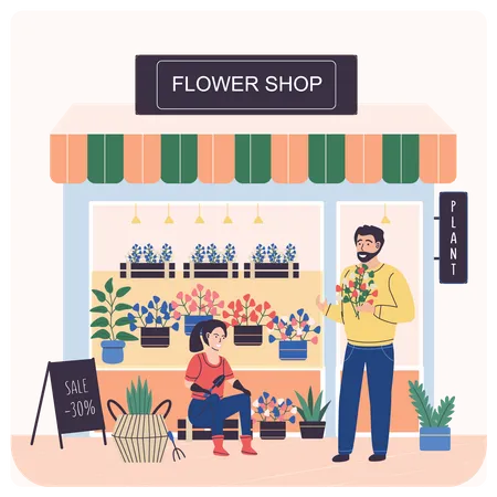 Florista masculino vendendo flores  Ilustração