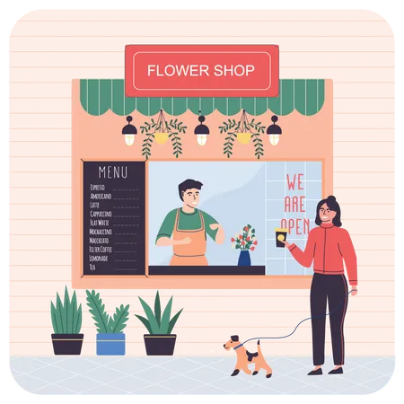 Mulher comprando flores na loja  Ilustração