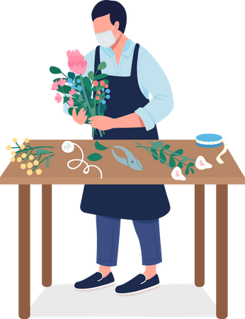 Florist mit Blumen in Maske  Illustration