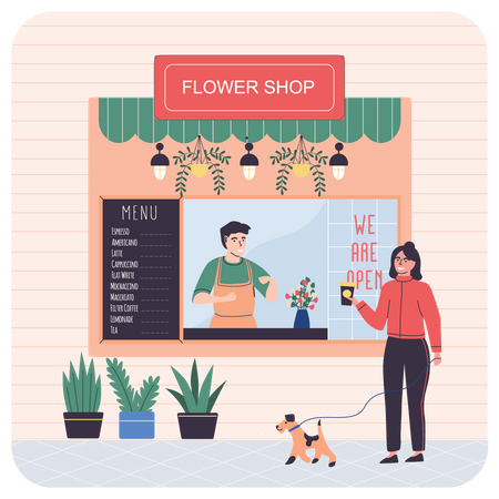 Woman buying flower from shop Illustration