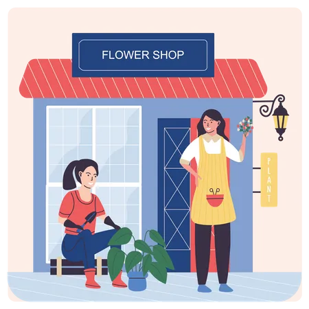 Female Flower Shop owners taking care of plants Illustration