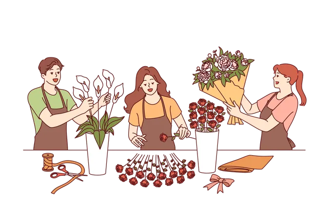 Flower shop employees collect festive bouquets for wedding or holiday party decoration  Illustration