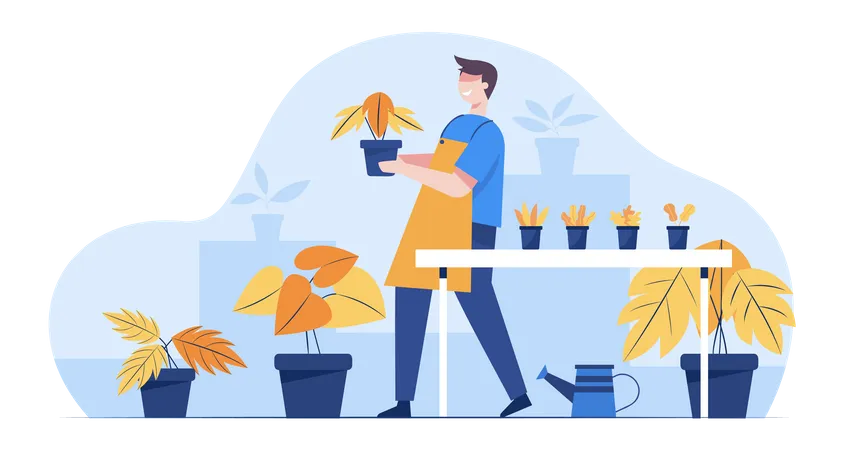 Flower store owner maintaining flower pot  Illustration