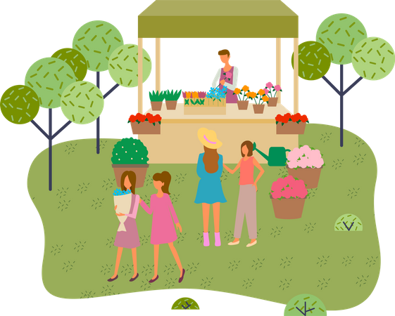 Flowers market stall with female seller  Illustration