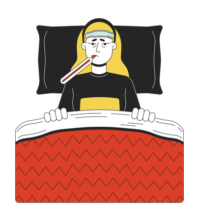 Flu sick blonde woman lying in bed  イラスト