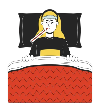 Flu Sick Blonde Woman Lying In Bed 2 D Linear Cartoon Character Above Tired Caucasian Female With Thermometer Isolated Line Vector Person White Background Wrapped Blanket Color Flat Spot Illustration Illustration