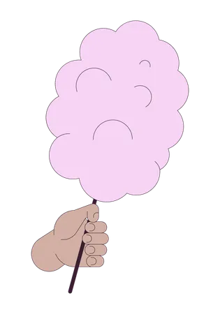 Fluffy Sweet Cotton Candy Holding Linear Cartoon Character Hand Illustration Street Dessert Outline 2 D Vector Image White Background Popular Sugar Snack At Fair Editable Flat Color Clipart Illustration
