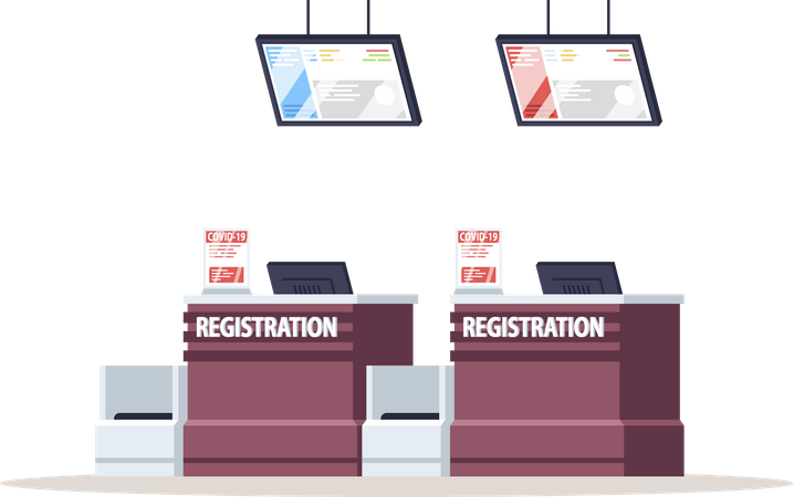 Flughafen-Registrierungsschalter mit Corona-Warnung  Illustration