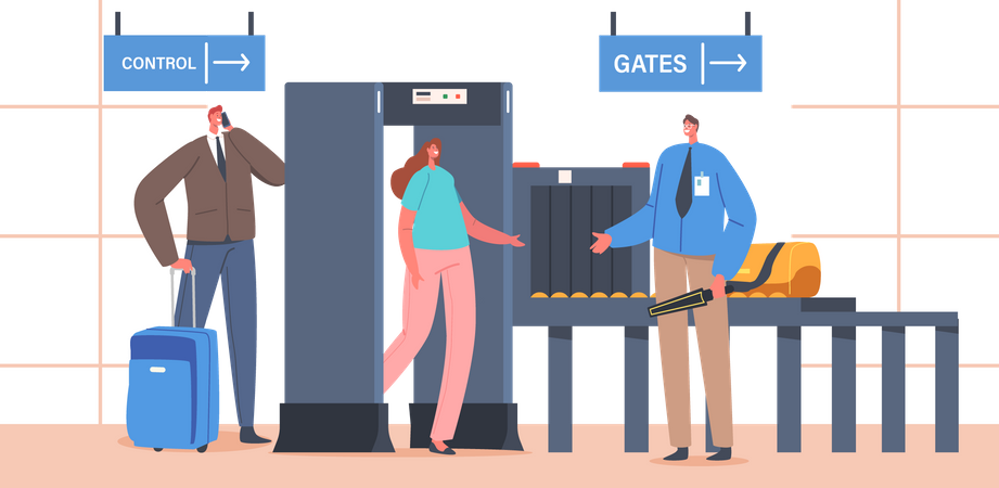 Metalldetektor am Flughafenterminal mit Reisenden und Gepäck  Illustration