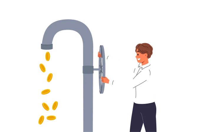 Flujo de caja para inversor que abre grifo con monedas en lugar de agua obtenida mediante inversiones  Ilustración