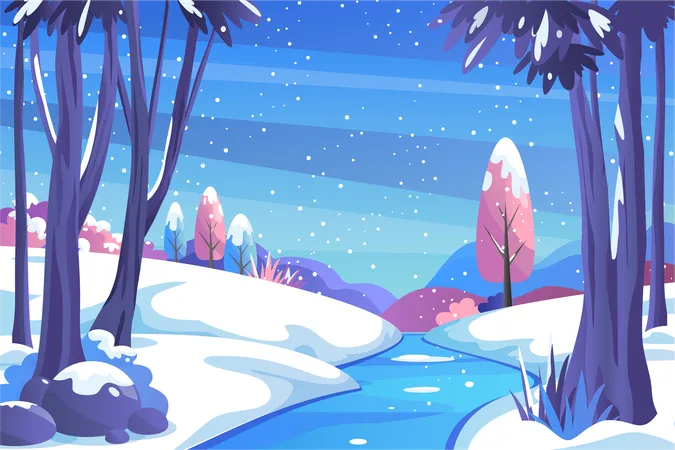 Blick auf den Fluss Winterlandschaft  Illustration