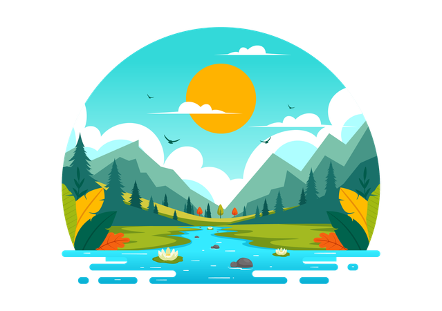 Flusslandschaft mit Bergblick  Illustration