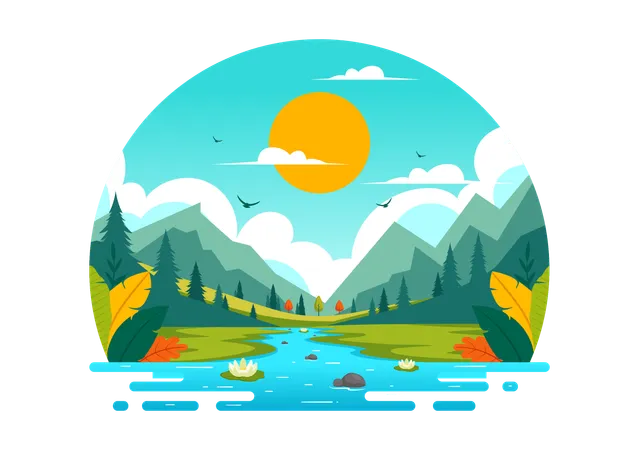 Flusslandschaft mit Bergblick  Illustration